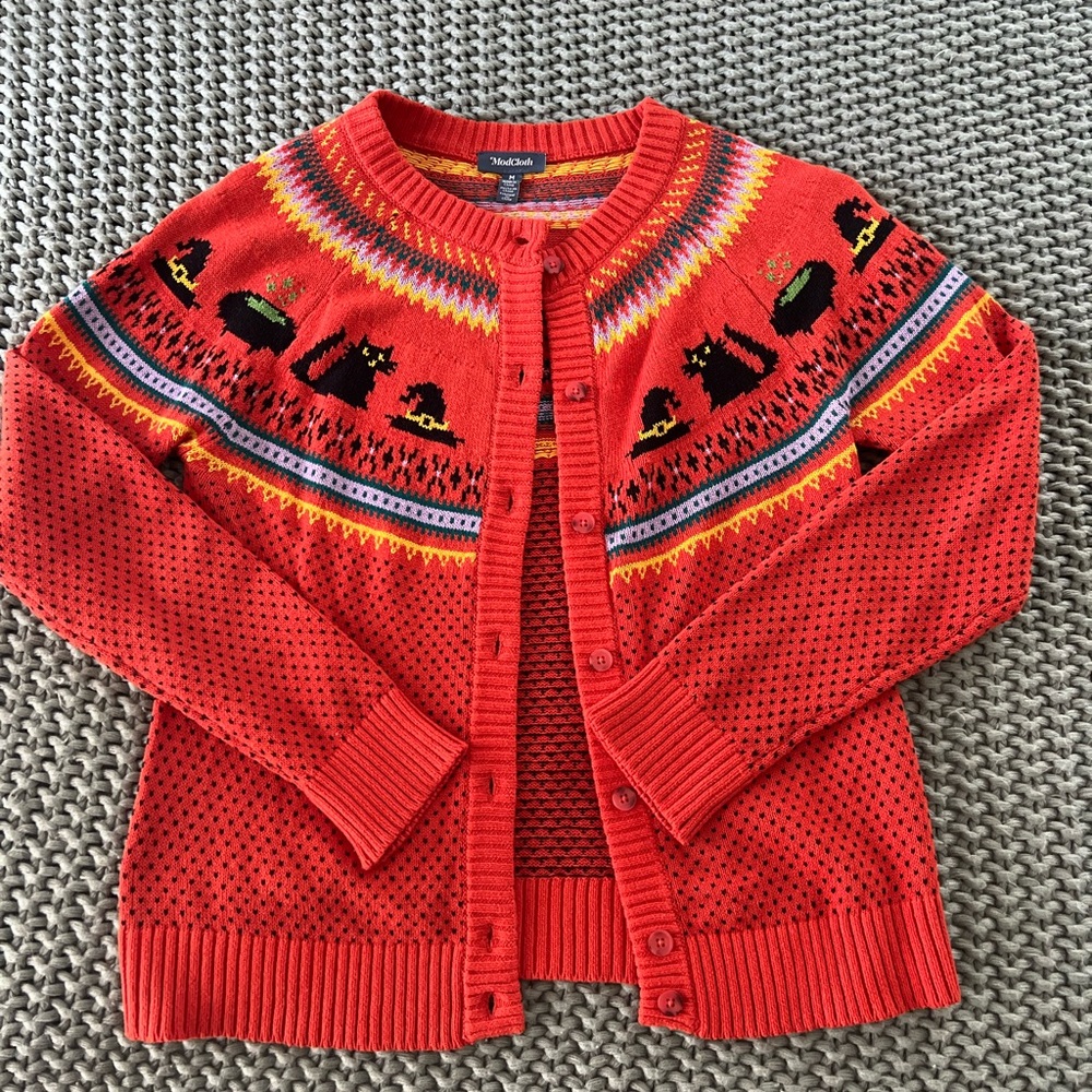 Modcloth orange Halloween cats cauldron witch Patterned Women's Cardigan